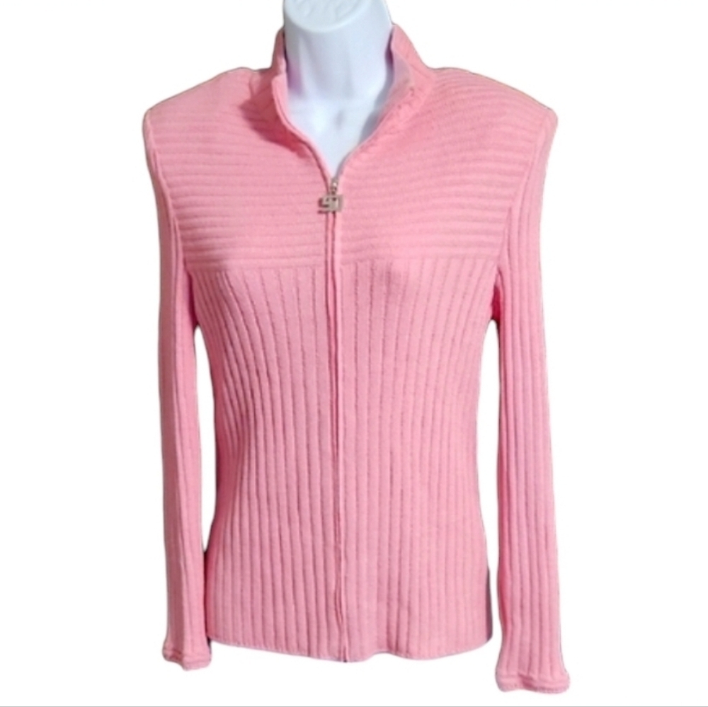 St John Vintage Pink Ribbed Women's Zip Front Sweater
